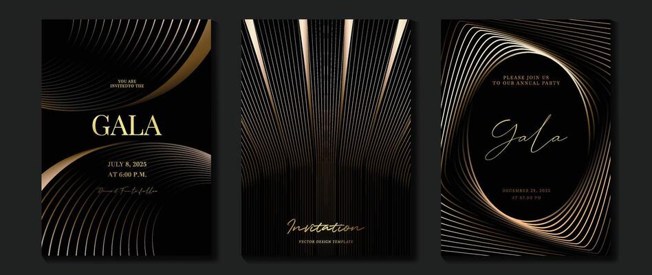 Luxury invitation card background set. Abstract Golden geometric shape, gold line gradient on dark background. Premium design for gala card, grand opening, party invitation, layout, templates.