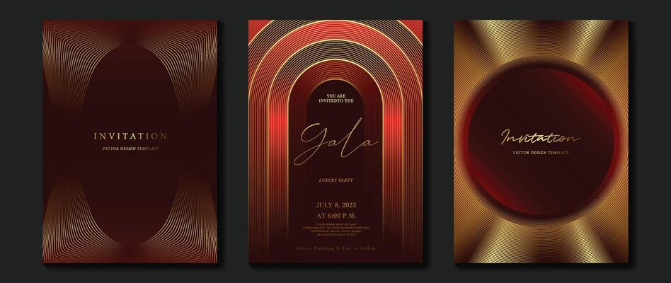 Modern luxury invitation card. Golden curve elegant, gold line gradient on dark color background. Premium design illustration for gala card, grand opening, party invitation.