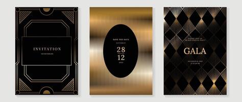 Gala card design with golden frames black background. Set of wedding announcement or invitation design template with geometric patterns and luxury background. vector