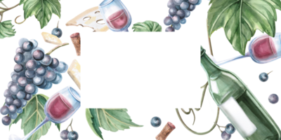 Rectangular frame with chaotically arranged bottles, glasses and grapes. Isolated watercolor illustration for the design of a bar menu, printed products for Wine Day and Harvest Festival. png
