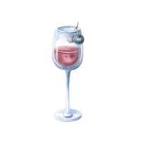 Glass of red wine with two berries inside. Isolated watercolor illustration in realistic style for bar menu design, restaurant interior, printing on alcoholic beverages, printing on textiles. png