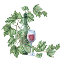 Composition with grapevine, bottle of red wine and glass. Isolated watercolor illustration in realistic style for restaurant menu design, bar interior, textile printing. png