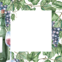Square frame with green glass bottle and glass. Isolated watercolor illustration for bottle label design, bar menu design, printed products for Wine Day and Harvest Festival. png