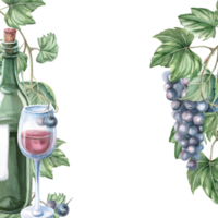 Square frame with a bottle of wine and a glass with grapevine. Isolated watercolor illustration for bottle labels, bar menu design, printed products for Wine Day and Harvest Festival. png