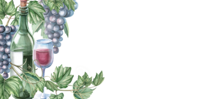 Rectangular frame with a bottle and glasses against the background of bunches of ripe grapes. Isolated watercolor illustration for the design of printed products for Wine Day and the harvest festival. png