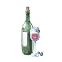 Glass of red wine, bottle and grapes. Isolated watercolor illustration in realistic style for bar menu design, restaurant interior, printing on alcoholic beverages, printing on textiles png