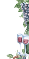 Rectangular vertical frame with glasses of red wine and ripe bunch of grapes. Isolated watercolor illustration for bar card, shop windows, menu, design of printed products for fairs, harvest day. png