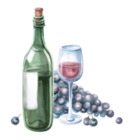 Glass of red wine, bottle and bunch of grapes. Isolated watercolor illustration for bar menu design, restaurant interior, printing on alcoholic beverages, printing on textiles. png