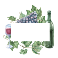Round frame with bunches of ripe dark grapes. Isolated watercolor illustration for design of wine labels, signs for bars and restaurants, menus, printing on postcards and posters. png