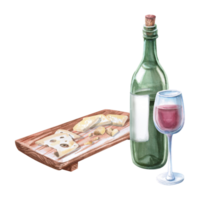 Wooden tray with different types of cheese and a bottle of red wine. Isolated watercolor illustration in a realistic style for restaurant menu design, bar interior, textile printing. png