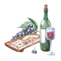 Wooden tray with different types of cheese, bottle of red wine and bunch of grapes. Isolated watercolor illustration in realistic style for restaurant menu design, bar interior, textile printing. png