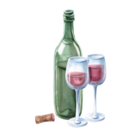 Composition of a bottle and two glasses of red wine. Isolated watercolor illustration for bar menu design, restaurant interior, printing on alcoholic beverages, printing on textiles and posters. png