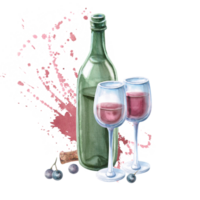 Composition of a bottle, glasses of red wine and bright splashes. Isolated watercolor illustration for bar menu design, restaurant interior, printing on alcoholic beverages, printing on textiles. png