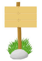 Simple wooden sign with three planks and single rock with grass. png