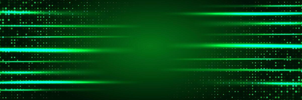 Green technology background with glowing horizontal light streaks and dotted halftone pattern. Modern futuristic digital design, ideal for tech, sci-fi, or innovation themes.