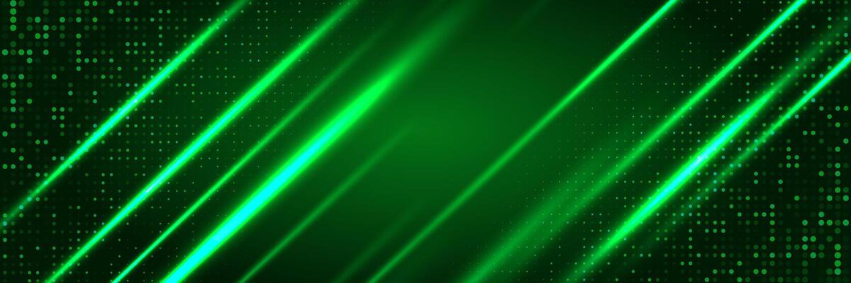 Green abstract background with glowing diagonal light beams and dotted halftone pattern. Modern futuristic design, perfect for technology, digital, or sci-fi themes.