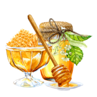 Hand painted honeycombs in a bowl with honey, a jar of honey with lime inflorescence and spoon-spindle for honey on a saucer png