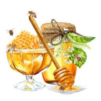 Han-painted honeycombs in a bowl with honey, honeybees, a jar of honey and a spoon for honey on a saucer png