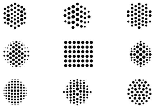 A collage of nine distinct geometric shapes constructed using varied patterns of black circles vector