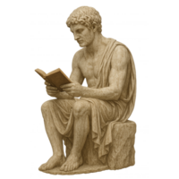 Ancient Greek statue reading a book. Ancient Roman statue reading a book. Transparent png