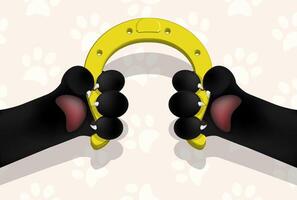Cat paws hold a gold horseshoe for luck vector