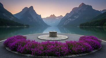 Serene Sunrise Over Mountain Lake A Landscape Photograph photo