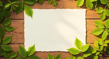 Springtime Blank Paper Mockup Fresh Green Leaves on Rustic Wood photo