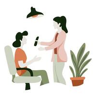 Stylized Illustration of Two People Interacting, with Plant and Lamp. vector