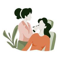 Stylized makeup artist applying makeup to a seated client with dark hair vector