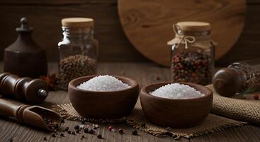 Coarse Sea Salt in Rustic Wooden Bowls Still Life Photography photo