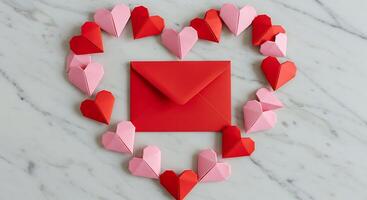 Red Envelope and Paper Hearts A Valentines Day Arrangement photo