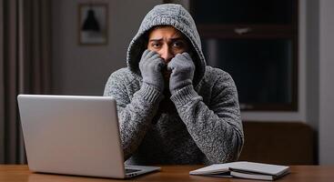 Worried Man at Night Working on Laptop at Home photo