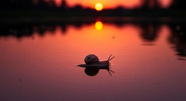 Snail on a Leaf at Sunset Peaceful Waterscape Photography photo