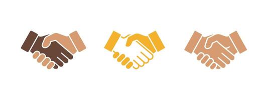Three handshake icons of different colors represent partnership, agreement and collaboration on white vector