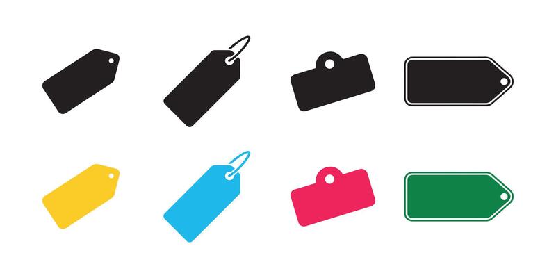 Various colorful price tags and labels arranged on a white background display different shapes