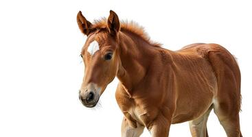 Chestnut Foal Portrait A Newborn Horse Against a White Background photo