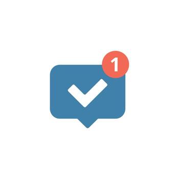 Blue Speech Bubble with White Checkmark and '1' Notification Badge on White Background vector