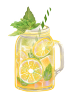 Hand drawn illustration of a refreshing lemonade in a mason jar with ice cubes, lemon slices, mint leaves. Cool and healthy beverage for hot summer weather, tropical vibes. png