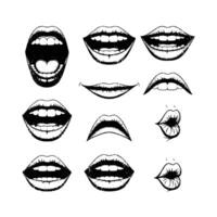 lips and mouth silhouette with grunge effect black and white illustration vector