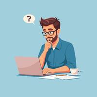 Man thinking while working on laptop vector