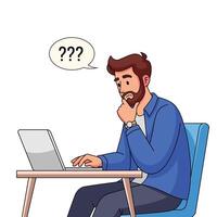Man thinking while using laptop vector