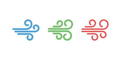 Three Isolated Wind Stream Icons in Blue, Green, and Red on White Background vector