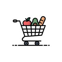 Shopping Cart Filled With Apple, Avocado and Baguette on White Background Illustration vector