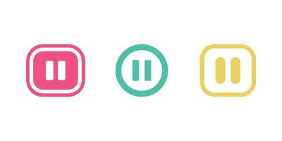 Pause Icon Set Pink Square, Green Circle, and Yellow Rounded Rectangle on White vector