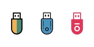 Three Stylized USB Drive Icons in Different Colors on a White Background vector