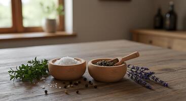 Wooden Bowls of Salt and Pepper A Rustic Kitchen Still Life photo