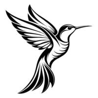 Black and white hummingbird illustration with wings spread in flight against a white background vector