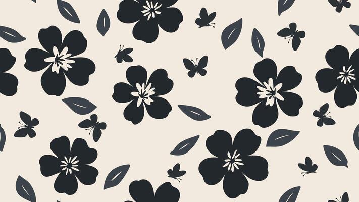 Minimalist monochrome flowers, leaf and butterfly seamless pattern. Floral silhouette modern trendy background