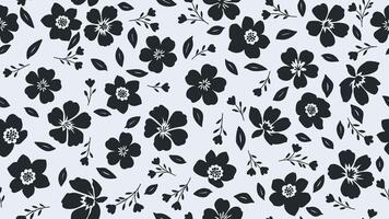 Seamless pattern with black flowers and leaves on light blue background. Peonies, wildflowers, hibiscus silhouette vector