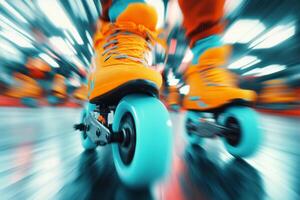 Dynamic roller skating session with vibrant neon skates in an energetic indoor rink environment photo